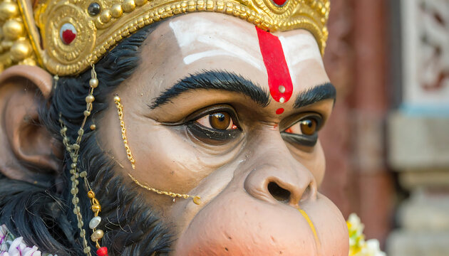 Close-up of a Hanuman statue with a golden crown and red tilak, displaying intricate details of the deity's face and features.