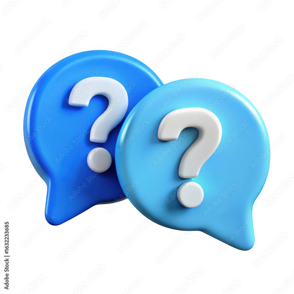 Poster two blue speech bubbles with question marks isolated on transparent background
