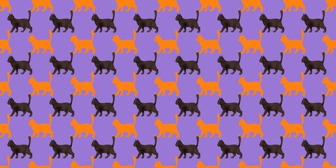 Fototapeta premium Seamless pattern with alternating black and orange cats on a purple background. Perfect for Halloween designs, pet-themed prints, kids’ textiles, or playful decorative projects.