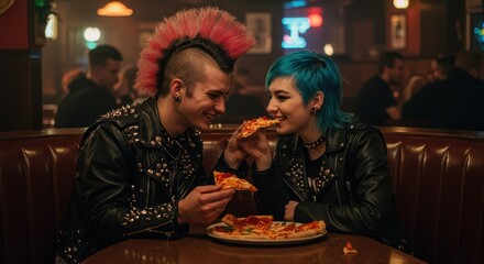 Young punk couple sharing pizza while laughing in diner atmosphere