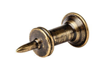 Close-up of a decorative, antique-toned push pin.  Small, metal pushpin with a textured, dark-bronze finish.  Rounded base and a pointed tip.  Isolated on black background