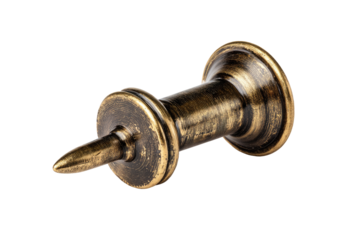 Close-up of a decorative, antique-toned push pin.  Small, metal pushpin with a textured, dark-bronze finish.  Rounded base and a pointed tip.  Isolated on black background