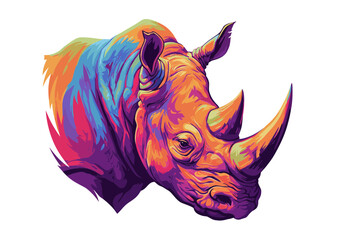 Colorful Rainbow Rhino Illustration – Psychedelic Animal Head Art – Multicolor Horned Rhinoceros Drawing – Abstract Pop Art Wildlife Design Concept   © Backdrop Bliss