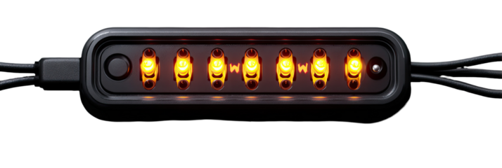 Dark, oblong device with glowing orange lights