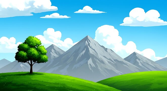 Lush green rolling hills with a single tree beneath a bright blue sky with fluffy white clouds and distant gray mountains