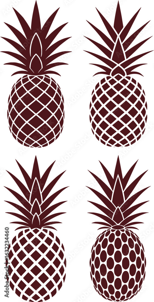Poster four abstract pineapple designs with varying patterns and leaf arrangements depicted in deep burgund