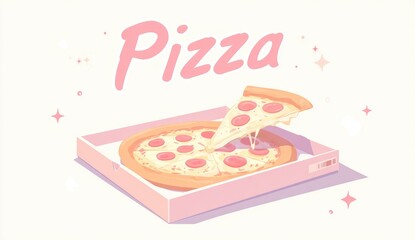 A slice of pizza in a pink box, with a pastel color scheme