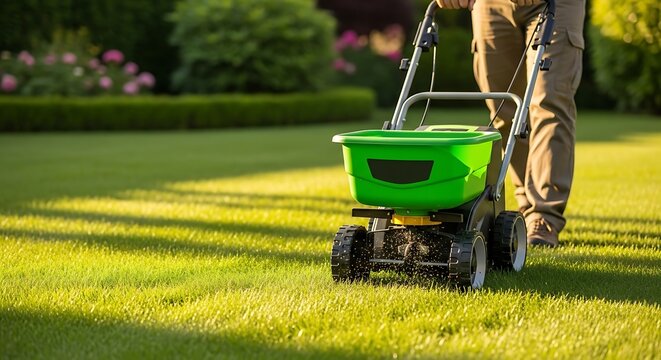 Man using a fertilizer spreader on a lush green lawn during a sunny day, promoting healthy grass growth