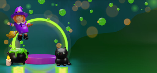 Fototapeta premium 3D Halloween scene with a flying witch, bubbling cauldron, and black cat near a glowing green ring. Magical bubbles and candlelight create a spooky, festive atmosphere. Perfect for seasonal designs.