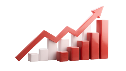 3D graphic of a rising bar graph.  Red upward trend, white/light background bars