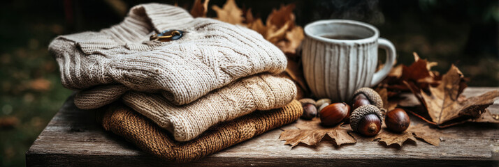 Warm sweaters are neatly stacked on a wooden table surrounded by colorful autumn leaves and acorns, with a steaming cup of coffee nearby, creating a serene fall atmosphere