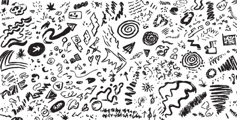 Tree, house, smile, sun school sketch nature children design. Vector illustration . Cute flower, heart, cloud, star, crown and rainbow in colorful kid scribble