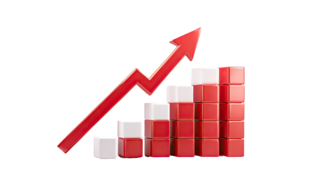 Red and white graphic of a rising bar chart