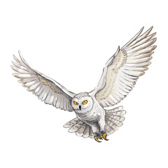 Flying Owl Watercolor Art – Hand-Drawn Nocturnal Bird Illustration – Elegant Wildlife Decor – Soaring Raptor Painting – Detailed Forest Animal Design

