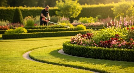 Gardener meticulously trims hedges and mows lawn in a beautifully landscaped garden during golden hour