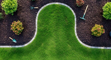 Aerial view of a beautifully manicured garden with lush green grass, mulch, shrubs, and gardening tools, showcasing landscaping