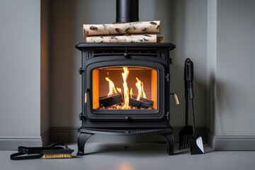 Modern black metal fireplace stove burning wood with flames in the living room