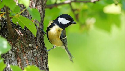 Obraz premium Elegant great tit perched gracefully on a textured tree trunk in natural light