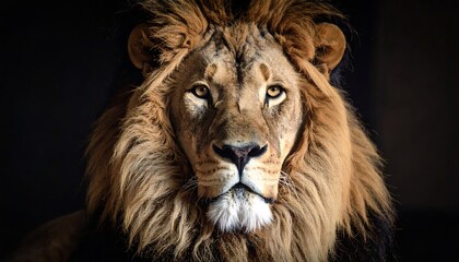 Naklejka premium Majestic portrait of a regal male lion with a magnificent mane, staring directly