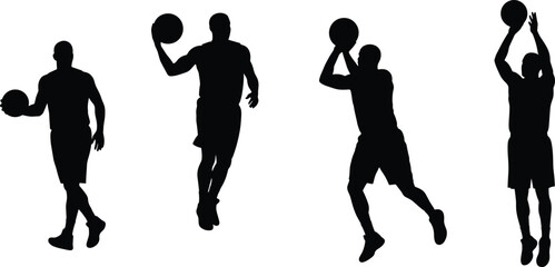 Basketball players silhouette isolated on white background, dynamic movement action poses, dribbling, jumping, shooting, professional sports vector, athlete illustration, team play concept design

