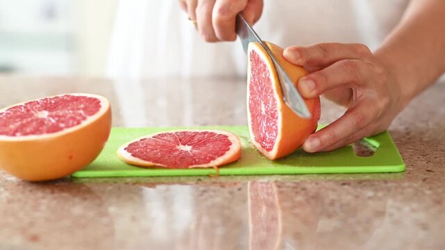 Close-up of female hands carefully slicing fresh ripe grapefruit into thin juicy pieces on a cutting board in bright kitchen for healthy eating