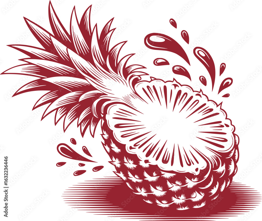Poster a slice of paradise a single color vectorized pineapple image with splashing juice and hatching shad