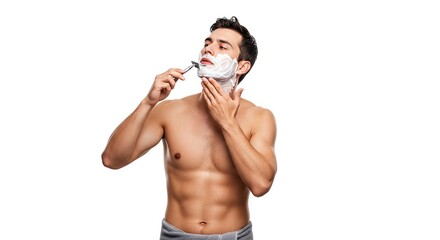 handsome man shaving with razor and shaving cream clean shaven skincare routine smooth skin morning grooming perfect for mens grooming product advertising