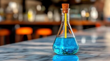 Blue Liquid in Glass Erlenmeyer Flask on Marble Surface