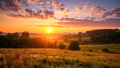 Majestic sunrise over rolling hills, bathed in golden light, creating a serene landscape