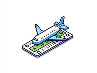 Isometric airplane landing on a flat graphic terminal