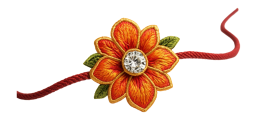Decorative orange and red floral embroidered bracelet with a central gemstone on transparent background.