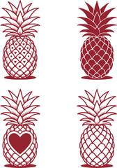 Whimsical Pineapple Medley A Collection of Four Adorable Hand Drawn Burgundy Pineapple Illustrations Featuring Heart Details and Unique Stylized Designs