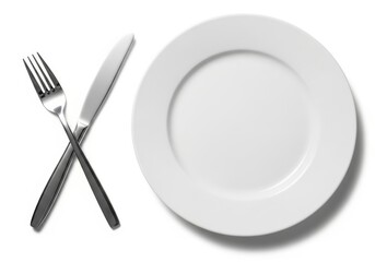 White plate and crossed silverware on white ceramic dish