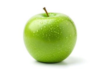 A single vibrant green granny smith apple with water droplets fruit food