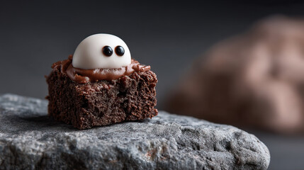 Chocolate brownie with creamy frosting and spooky ghost decoration on textured stone surface, perfect for Halloween dessert with eerie and festive vibe