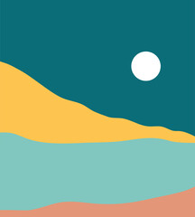 Full moon over golden hill and ocean in flat design style.