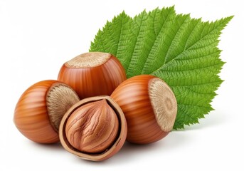 Close up of whole and cracked hazelnuts with green leaf on white food