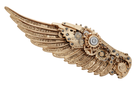 Ornate, gold-toned mechanical wing.  Detailed gears and components are intricately embedded within the wing structure
