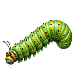 Vibrant green caterpillar with yellow and black markings crawling on a thin green stem isolated on transparent background