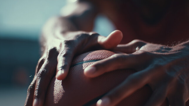 Close-up of hands grabbing rebound, muscles tense, motion freeze