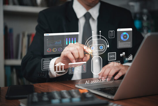 Robotic process automation AI assistant hologram, automated business processes and services financial banking. artificial intelligence data analysis, tax preparation, and invoice management. - Powered by Adobe