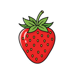 Fototapeta premium Vector art of a single ripe strawberry with green leaves, isolated on white background