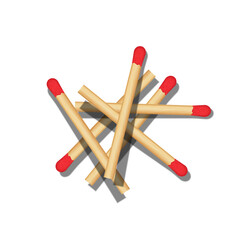 Pile of wooden matches with red tips scattered casting soft shadows isolated on white background realistic 3d vector, symbolizing mess, search for ideas, chaos, creativity or inspiration.