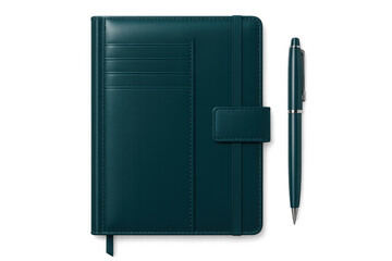 Closed teal leather notebook with pen on transparent background, perfect for business or personal stationery concepts