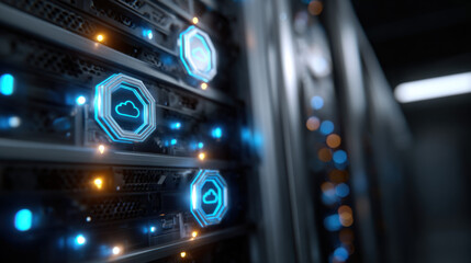 High-Tech Data Center Server Rack with Digital Cloud and Security Icons, Modern Network Infrastructure, and Advanced Technology Elements