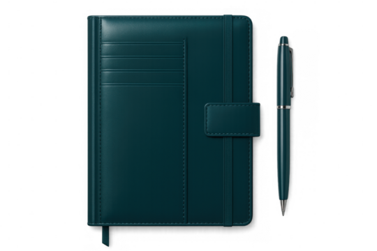Closed teal leather notebook with pen on transparent background, perfect for business or personal stationery concepts