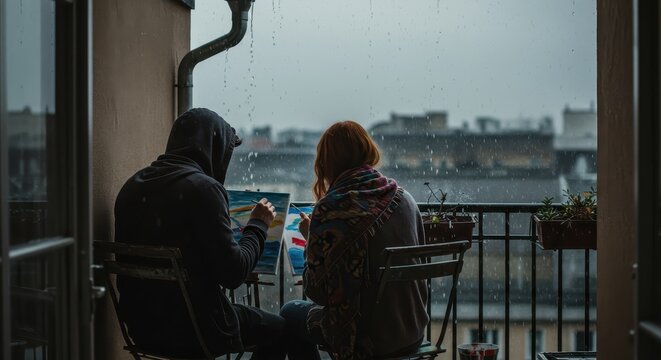 Young couple sitting on balcony during rainy day in urban setting  