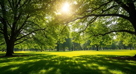 Obraz premium Sunlight streams through the lush green leaves of large trees in a park on a bright summer day