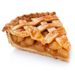 Close-up of a golden-brown apple pie slice.  Crisp, lattice-topped crust.  Sweet, filling of diced apples.  Isolated against white