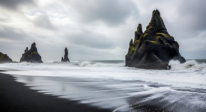 Waves crashing on black sand beach with basalt rock formations in iceland